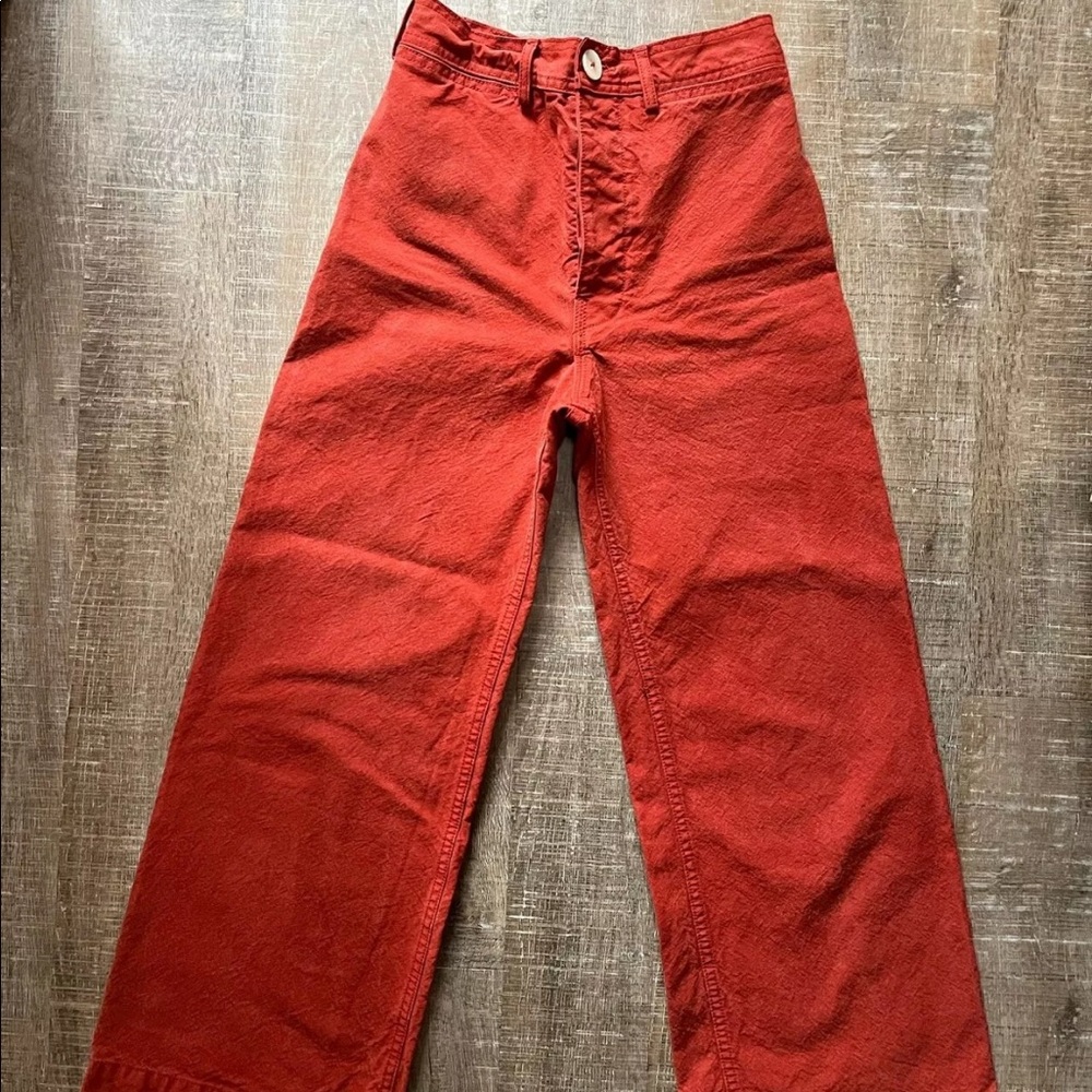 Jesse Kamm Iron Oxide Sailor Pants Size 2 Brick Red Canvas Button Fly